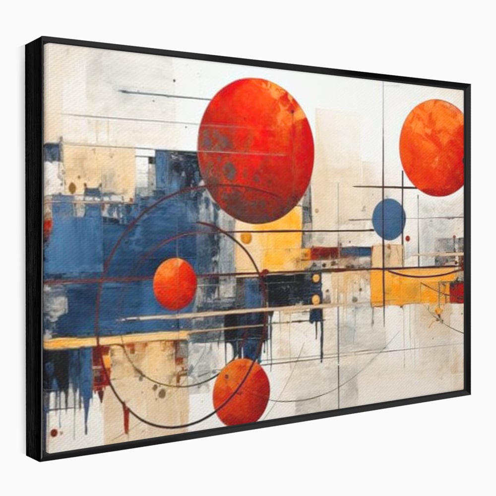 Tablou canvas cu pictura abstracta cu sfere rosii si orbite, in rama de aluminiu negru