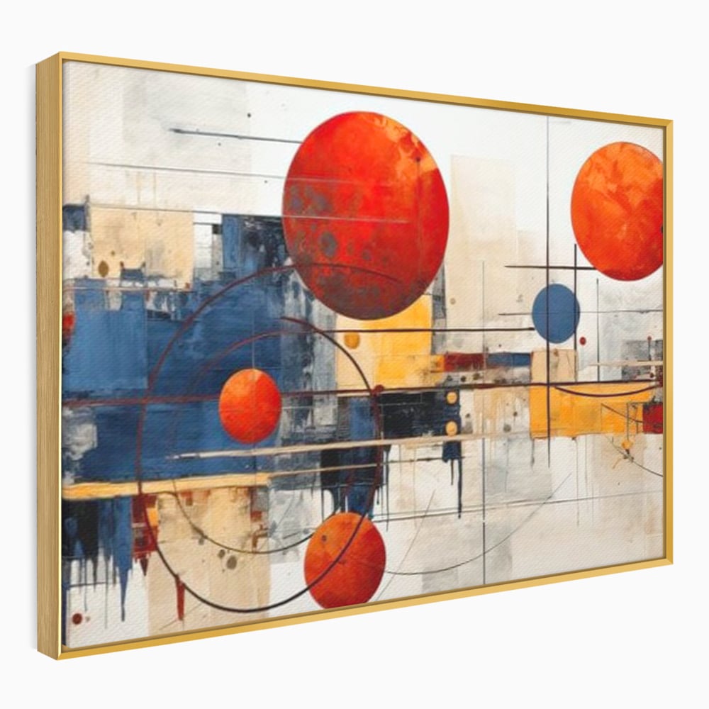 Tablou canvas cu pictura abstracta cu sfere rosii si orbite, in rama de aluminiu auriu