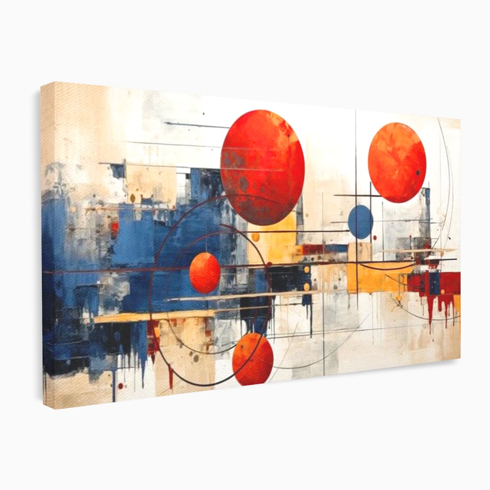 Tablou canvas cu pictura abstracta cu sfere rosii si orbite, fara rama, pe sasiu de lemn