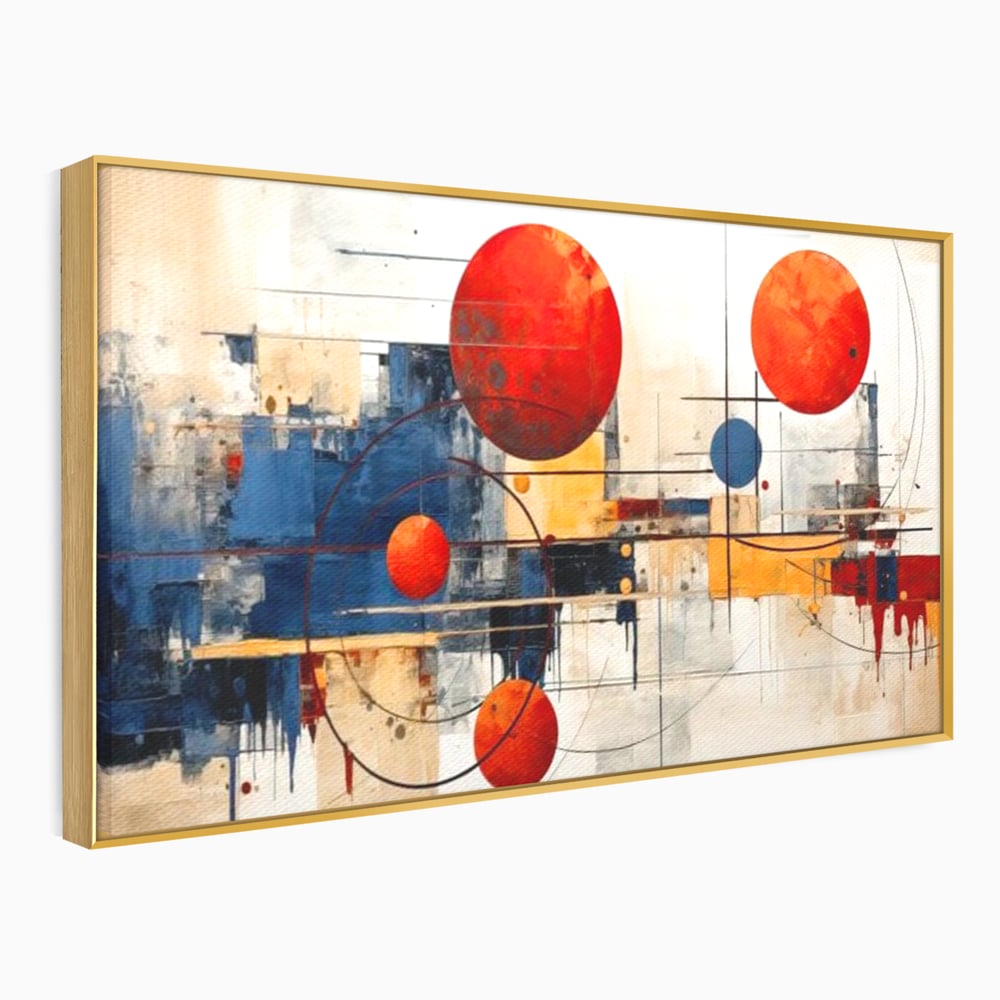 Tablou canvas cu pictura abstracta cu sfere rosii si orbite, in rama de aluminiu auriu