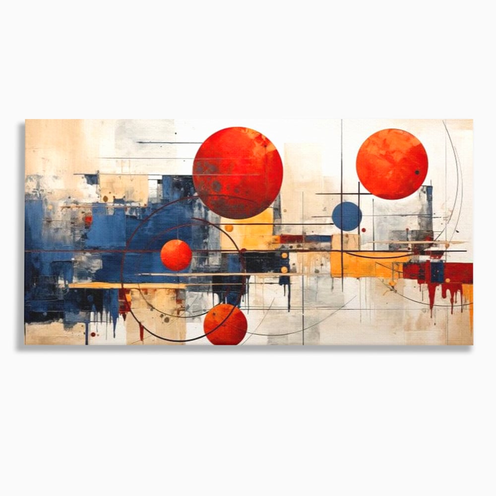 Tablou canvas cu pictura abstracta cu sfere rosii si orbite, fara rama, pe sasiu de lemn