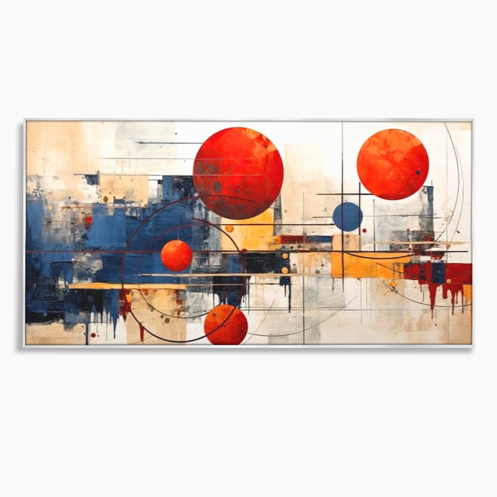 Tablou canvas cu pictura abstracta cu sfere rosii si orbite, in rama de aluminiu argintiu