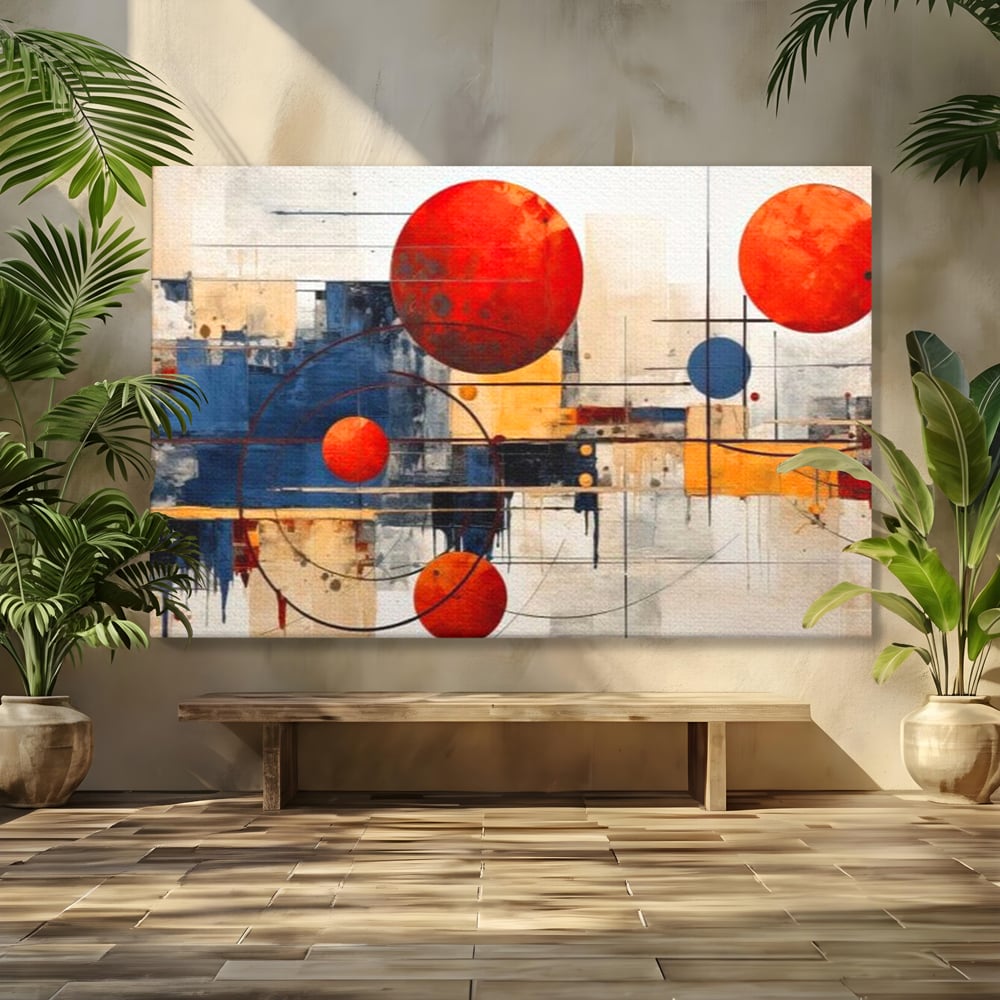 Tablou canvas cu pictura abstracta cu sfere rosii si orbite, fara rama, pe sasiu de lemn