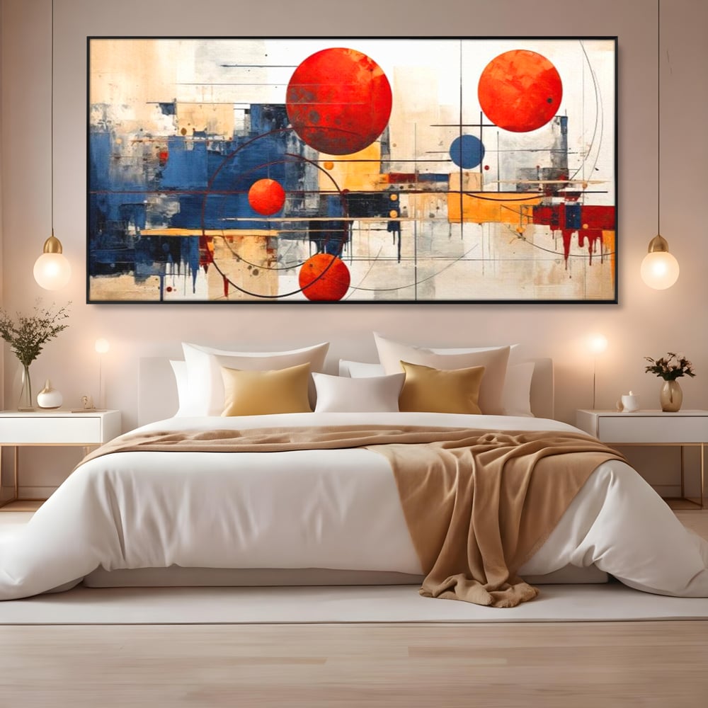 Tablou canvas cu pictura abstracta cu sfere rosii si orbite, in rama de aluminiu negru, pe perete intr-un dormitor
