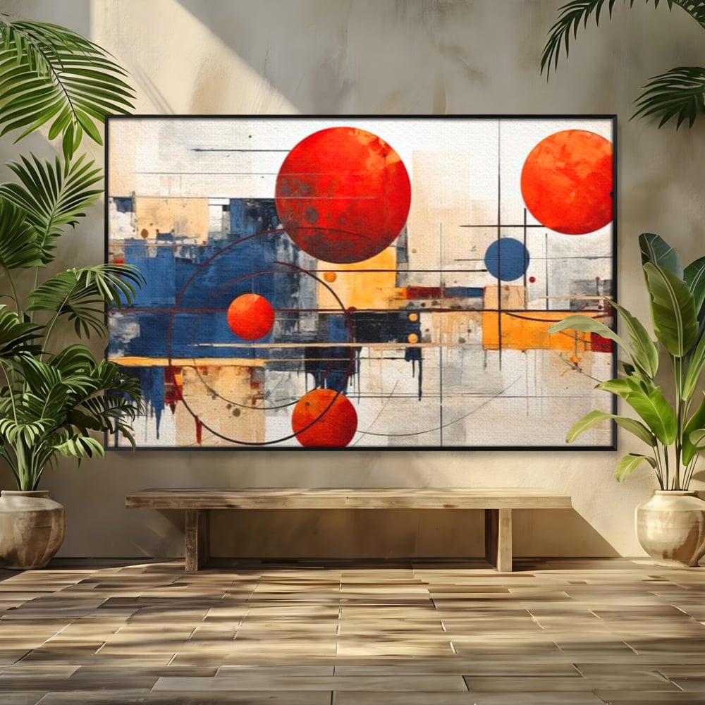 Tablou canvas cu pictura abstracta cu sfere rosii si orbite, in rama de aluminiu negru