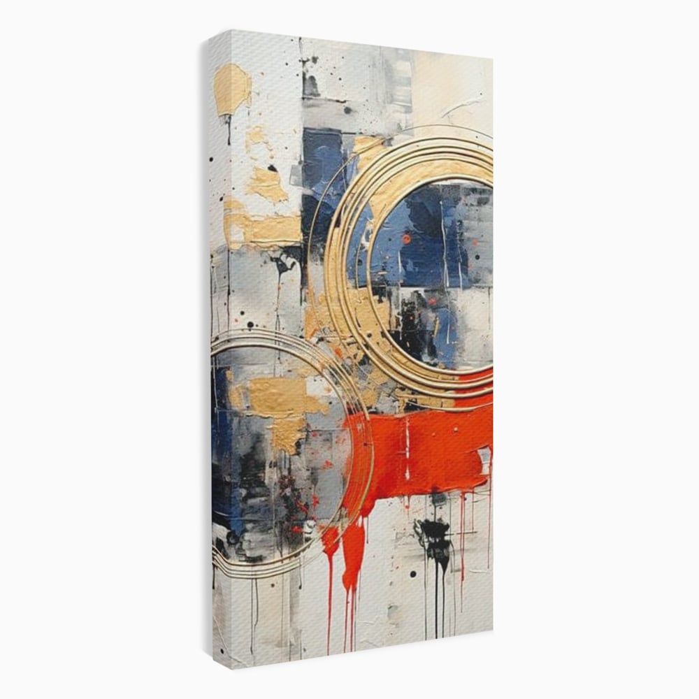 Tablou canvas cu tablou abstract cu cercuri aurii si tuse rosu aprins, fara rama, pe sasiu de lemn