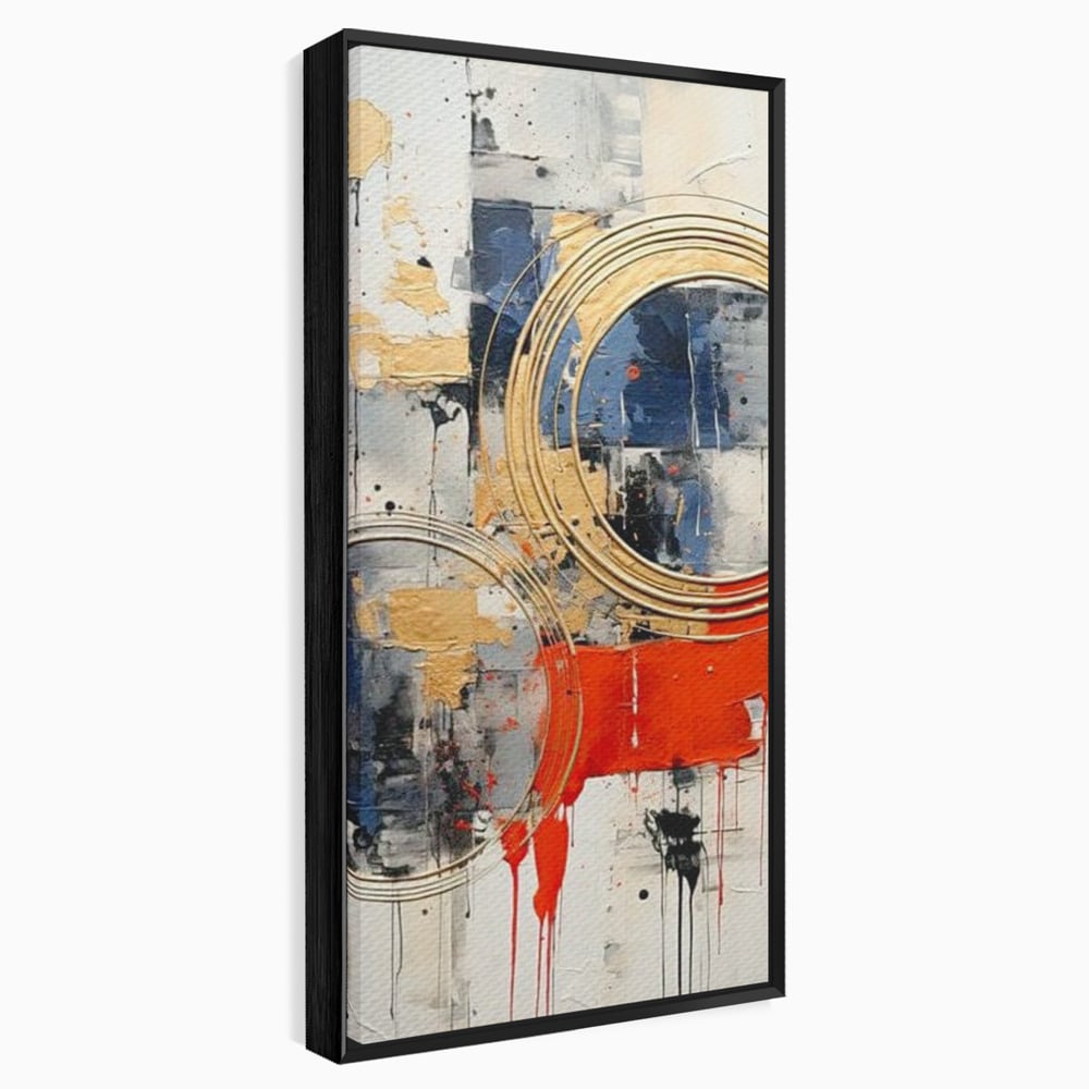 Tablou canvas cu tablou abstract cu cercuri aurii si tuse rosu aprins, in rama de aluminiu negru