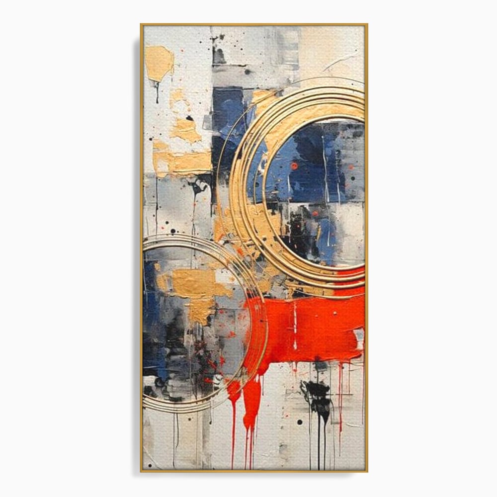 Tablou canvas cu tablou abstract cu cercuri aurii si tuse rosu aprins, in rama de aluminiu auriu