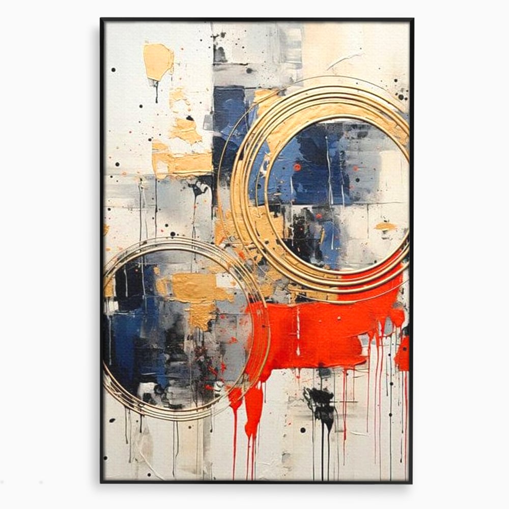 Tablou canvas cu tablou abstract cu cercuri aurii si tuse rosu aprins, in rama de aluminiu negru