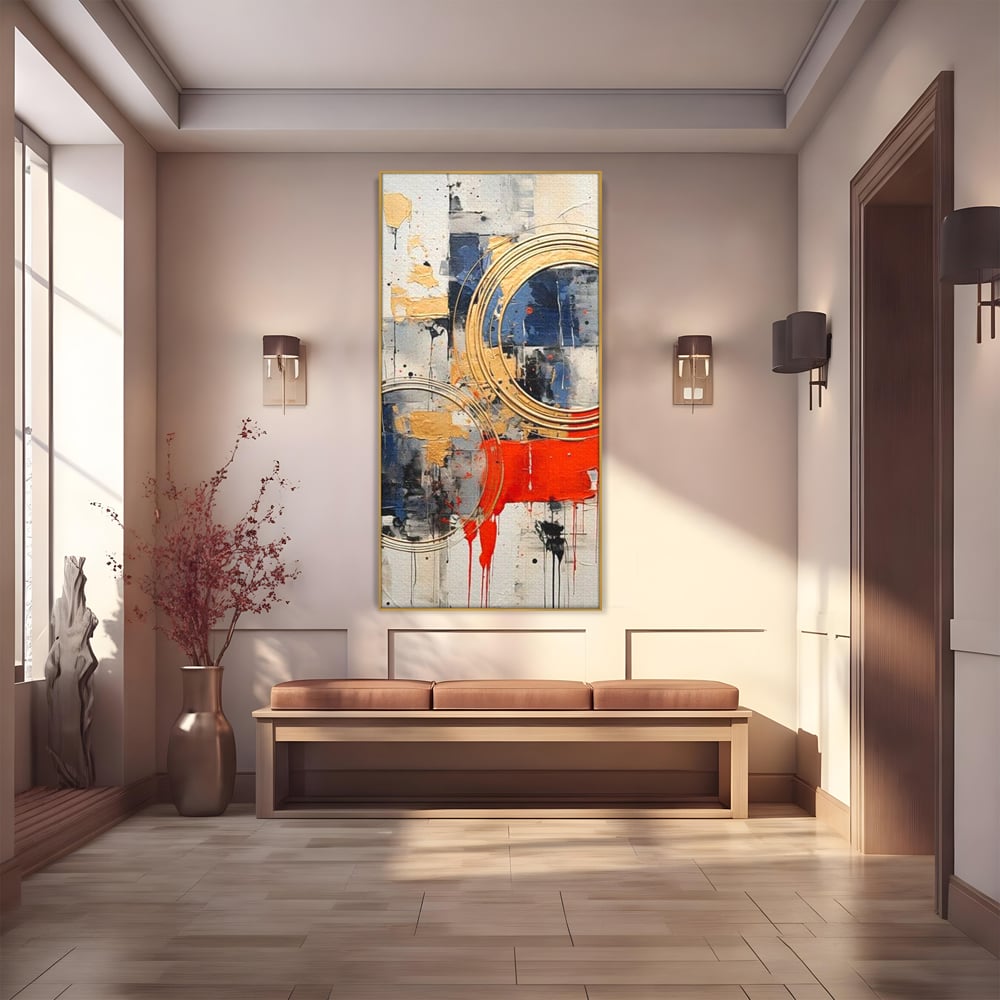 Tablou canvas cu tablou abstract cu cercuri aurii si tuse rosu aprins, in rama de aluminiu auriu
