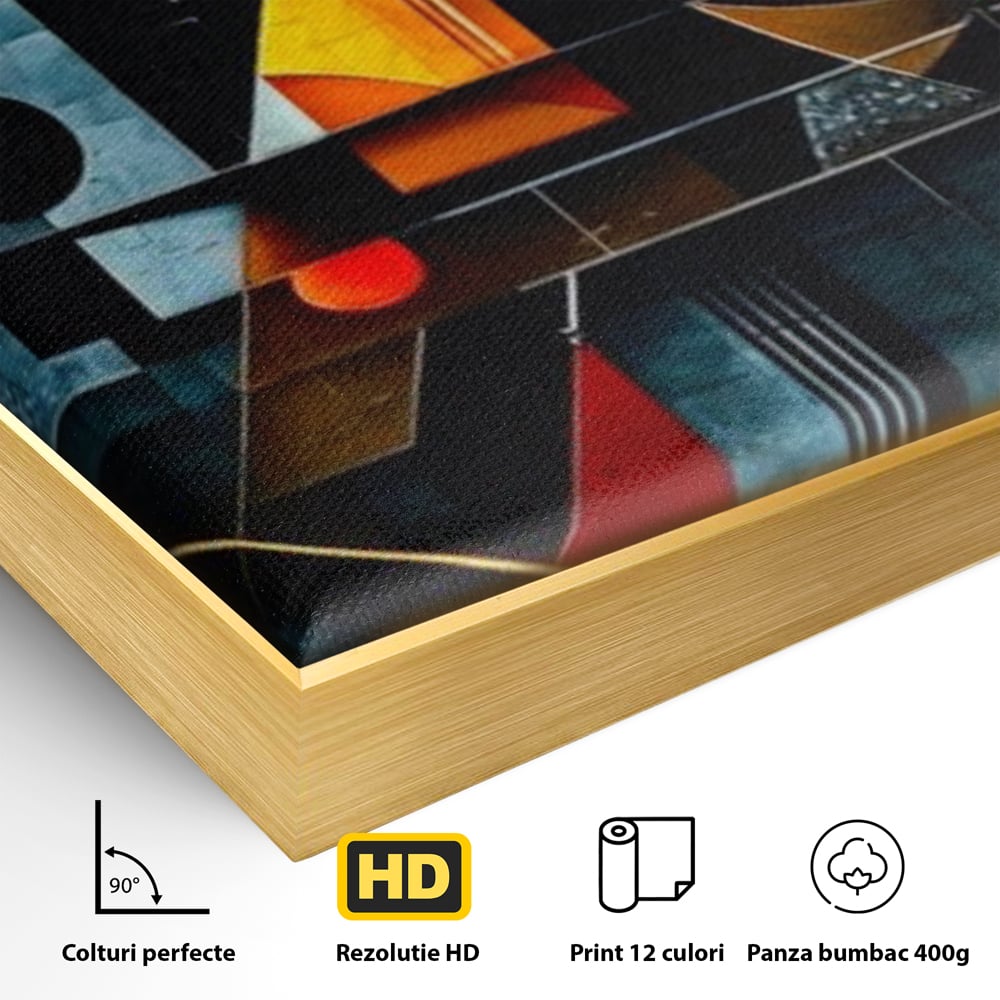 Detaliu al suprafetei: pictura abstracta cu forme geometrice, in rama de aluminiu auriu