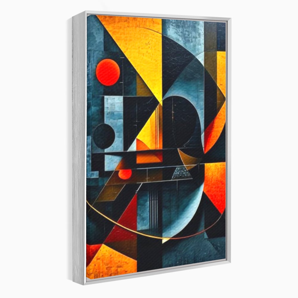 Tablou canvas cu pictura abstracta cu forme geometrice, in rama de aluminiu argintiu