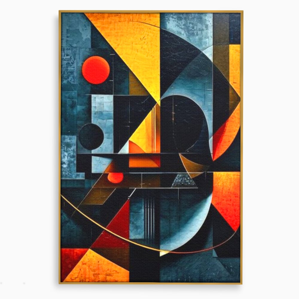 Tablou canvas cu pictura abstracta cu forme geometrice, in rama de aluminiu auriu