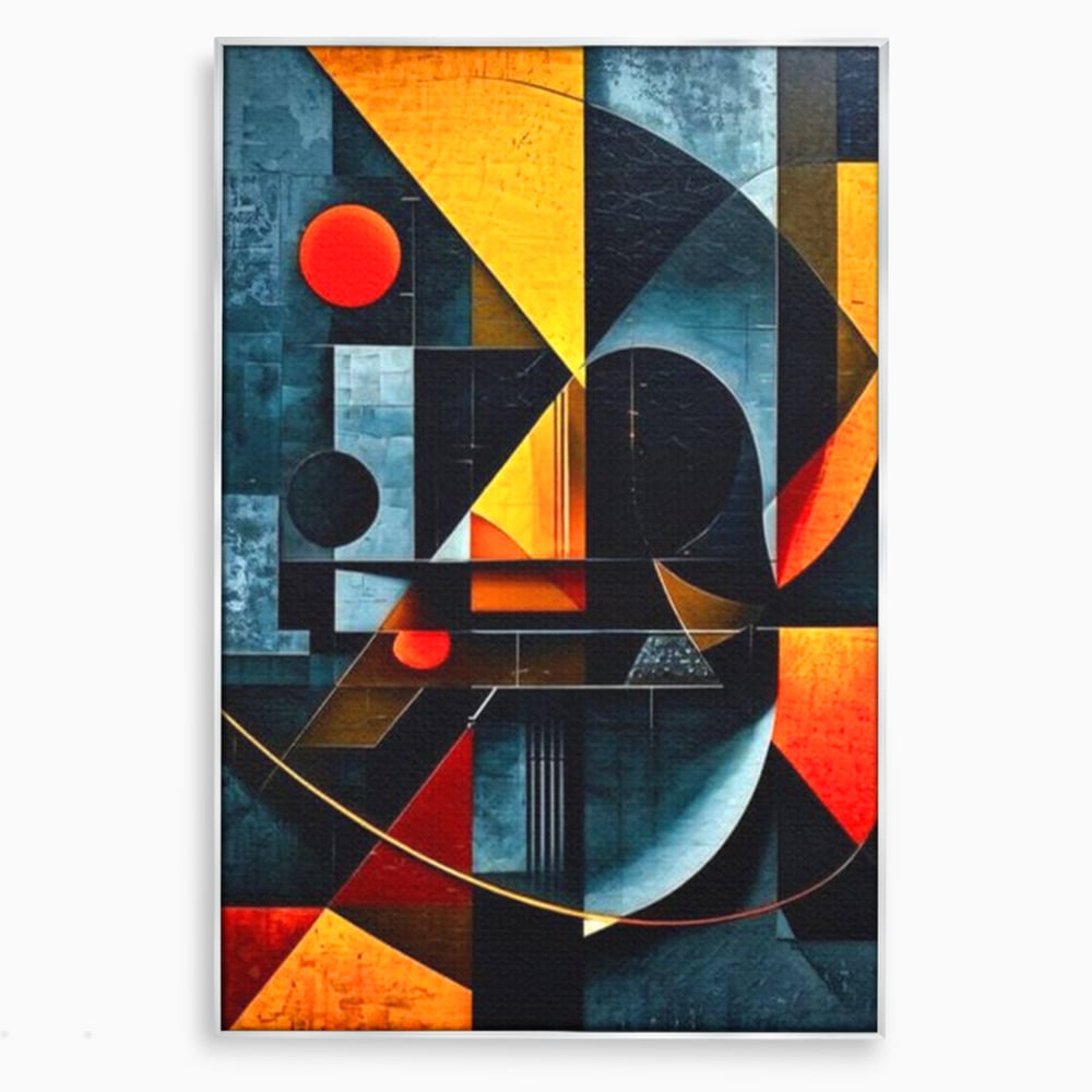 Tablou canvas cu pictura abstracta cu forme geometrice, in rama de aluminiu argintiu