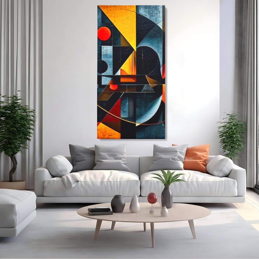 Tablou canvas cu pictura abstracta cu forme geometrice, fara rama, pe sasiu de lemn, pe perete intr-un living