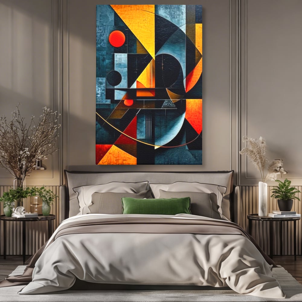 Tablou canvas cu pictura abstracta cu forme geometrice, fara rama, pe sasiu de lemn, pe perete intr-un dormitor