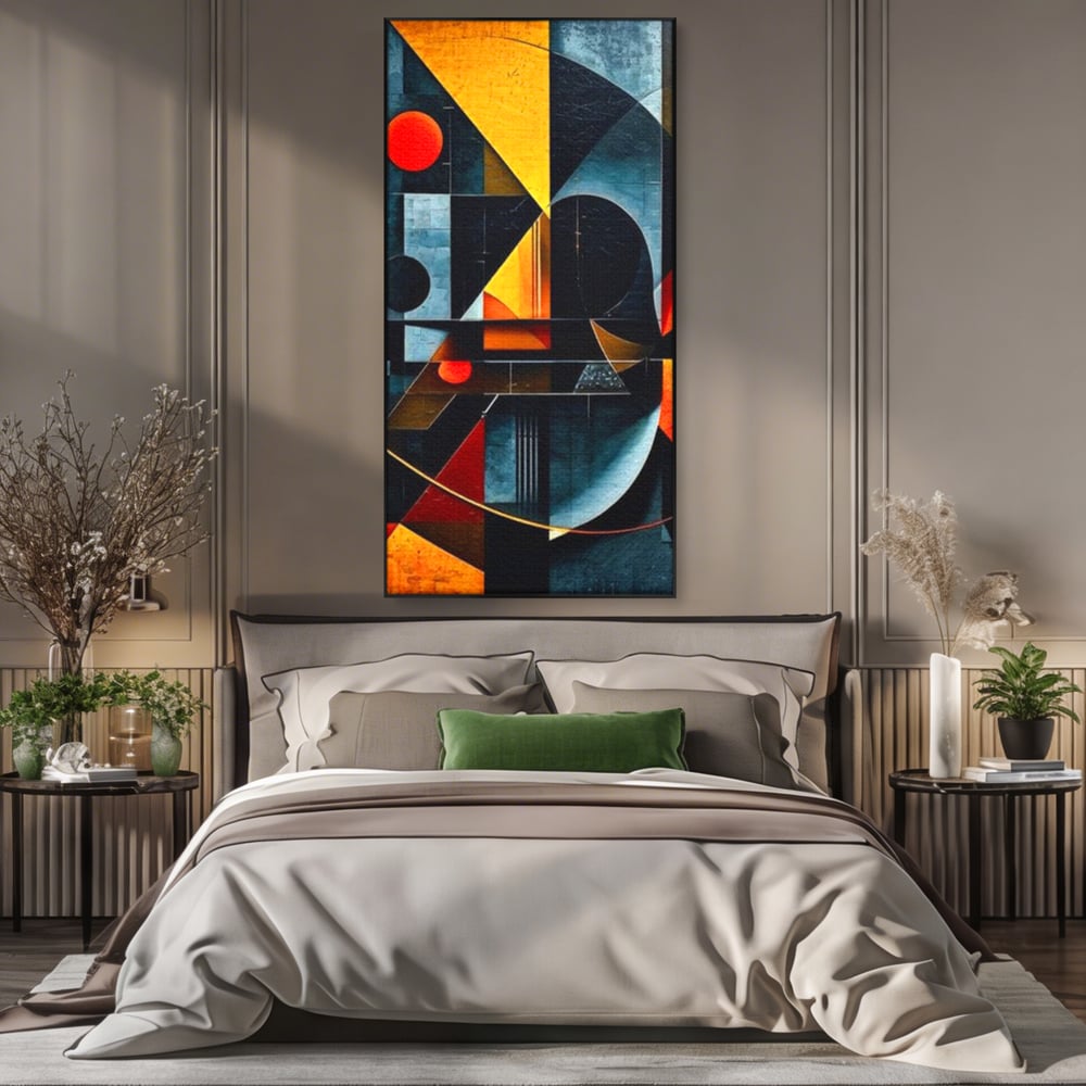 Tablou canvas cu pictura abstracta cu forme geometrice, in rama de aluminiu negru, pe perete intr-un dormitor