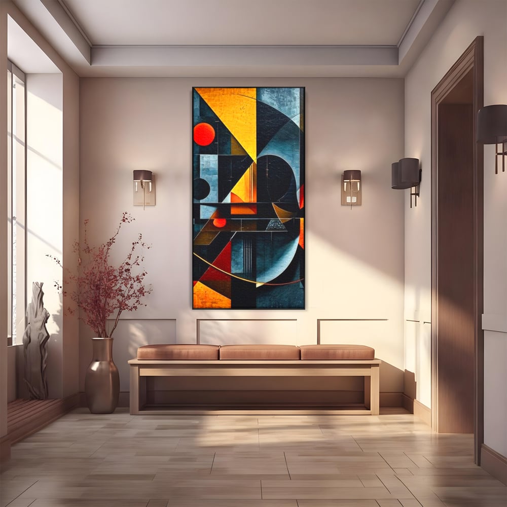 Tablou canvas cu pictura abstracta cu forme geometrice, in rama de aluminiu negru