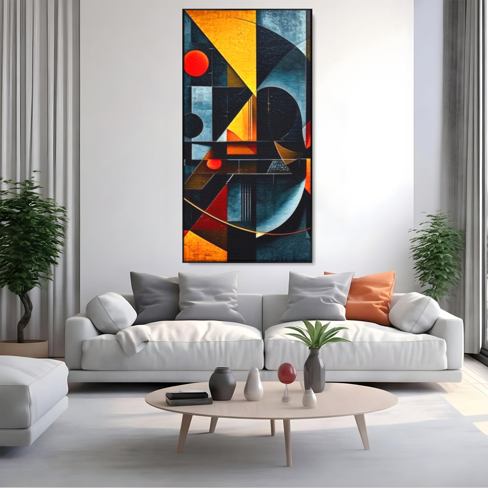 Tablou canvas cu pictura abstracta cu forme geometrice, in rama de aluminiu negru, pe perete intr-un living