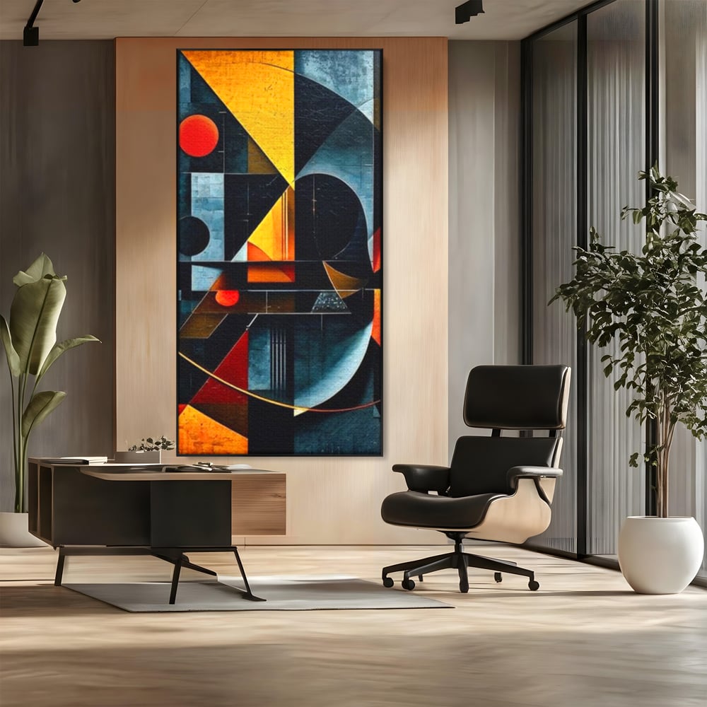 Tablou canvas cu pictura abstracta cu forme geometrice, in rama de aluminiu negru, pe perete intr-un birou