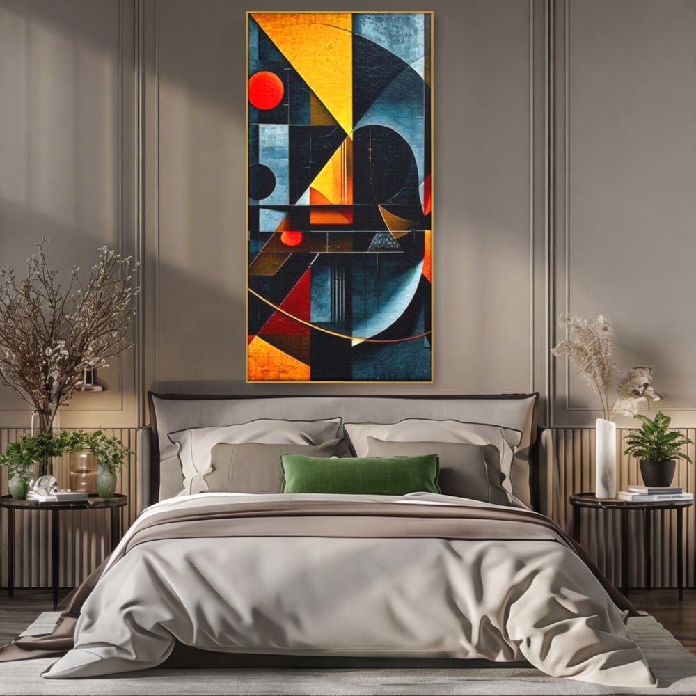 Tablou canvas cu pictura abstracta cu forme geometrice, in rama de aluminiu auriu, pe perete intr-un dormitor
