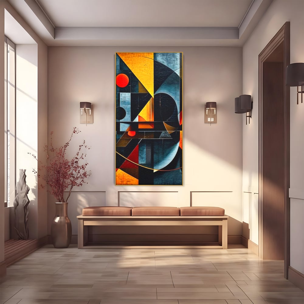 Tablou canvas cu pictura abstracta cu forme geometrice, in rama de aluminiu auriu