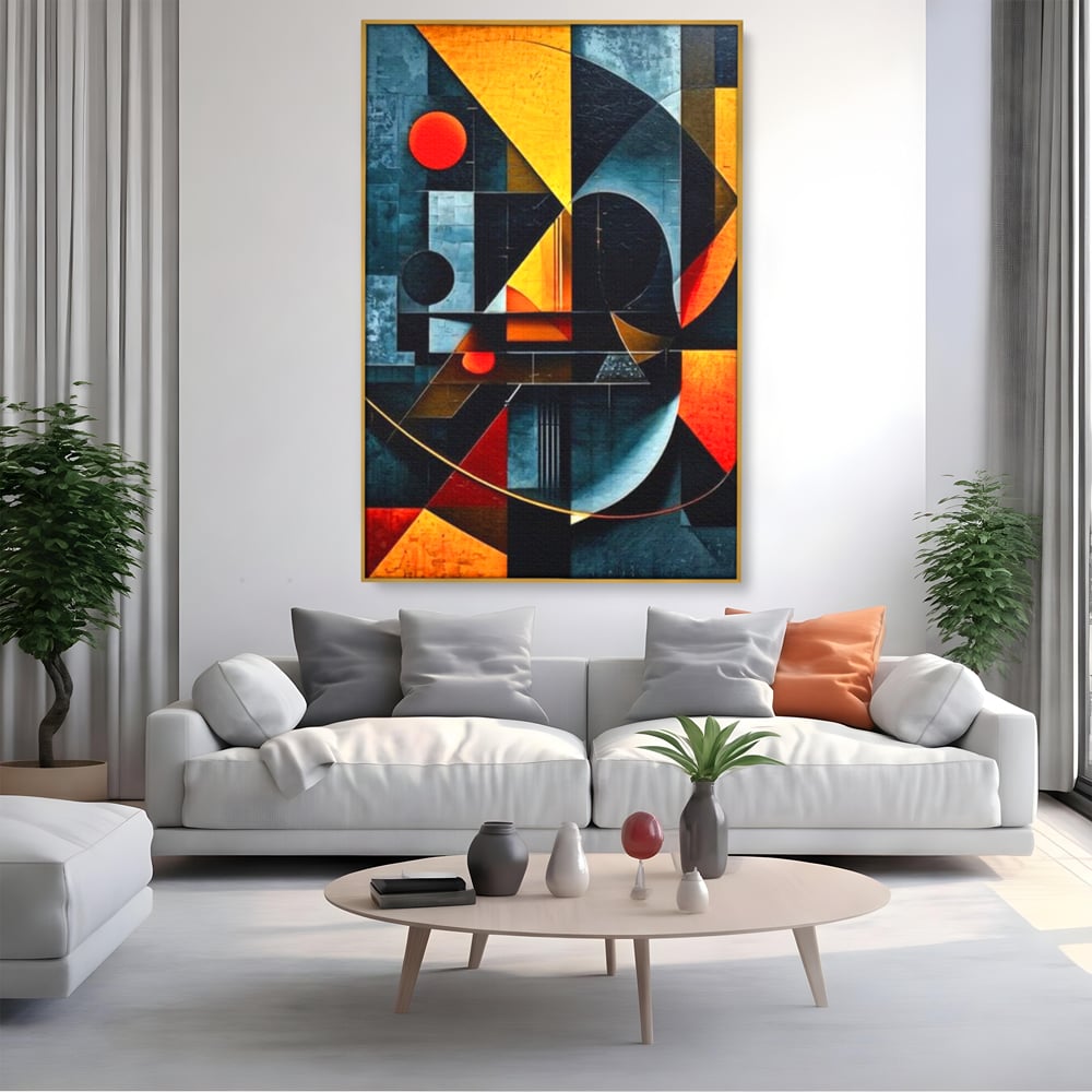 Tablou canvas cu pictura abstracta cu forme geometrice, in rama de aluminiu auriu, pe perete intr-un living