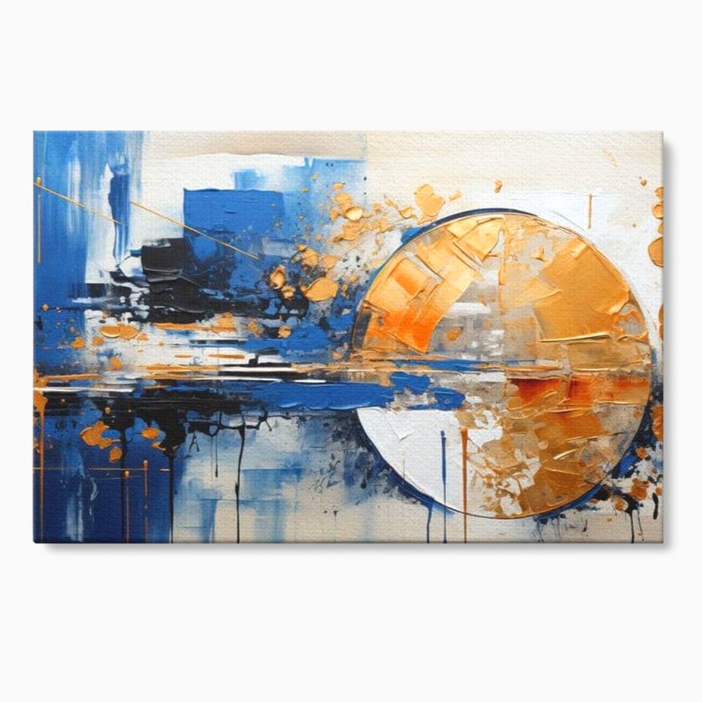 Tablou canvas cu pictura abstracta cu cerc auriu si albastru, fara rama, pe sasiu de lemn