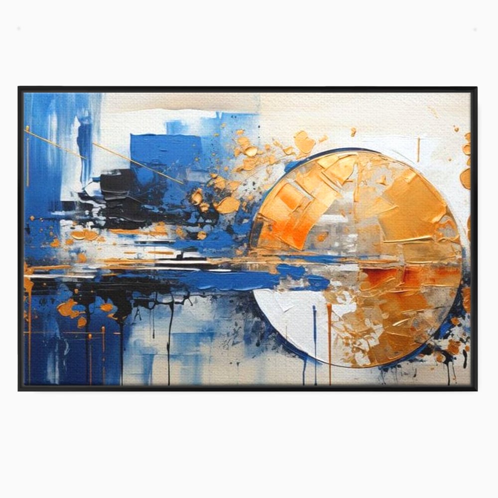 Tablou canvas cu pictura abstracta cu cerc auriu si albastru, in rama de aluminiu negru