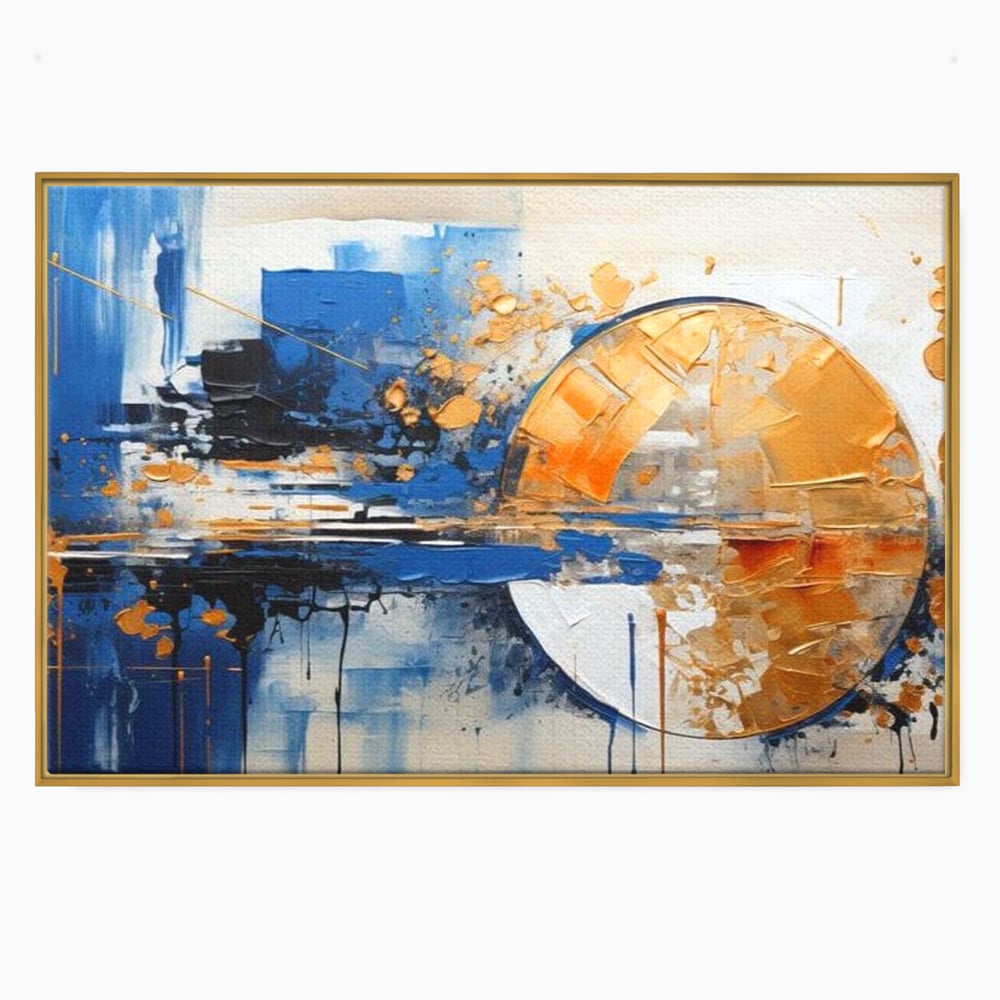 Tablou canvas cu pictura abstracta cu cerc auriu si albastru, in rama de aluminiu auriu