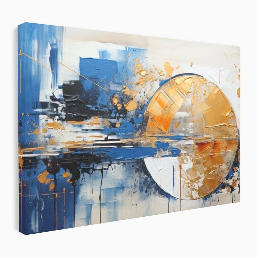Tablou canvas cu pictura abstracta cu cerc auriu si albastru, fara rama, pe sasiu de lemn