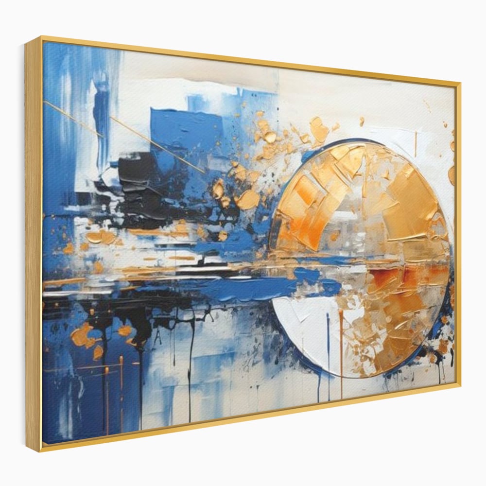 Tablou canvas cu pictura abstracta cu cerc auriu si albastru, in rama de aluminiu auriu