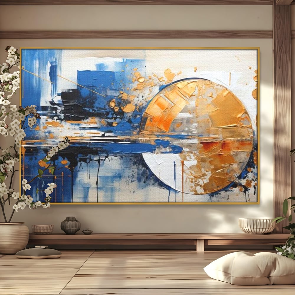 Tablou canvas cu pictura abstracta cu cerc auriu si albastru, in rama de aluminiu auriu