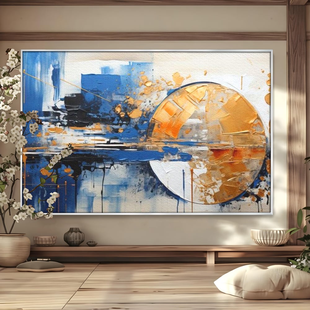 Tablou canvas cu pictura abstracta cu cerc auriu si albastru, in rama de aluminiu argintiu