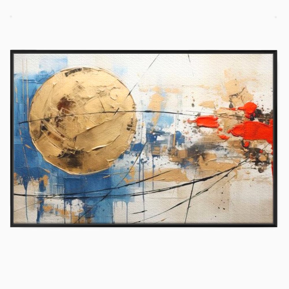Tablou canvas cu pictura abstracta cu cerc auriu si pete rosii, in rama de aluminiu negru