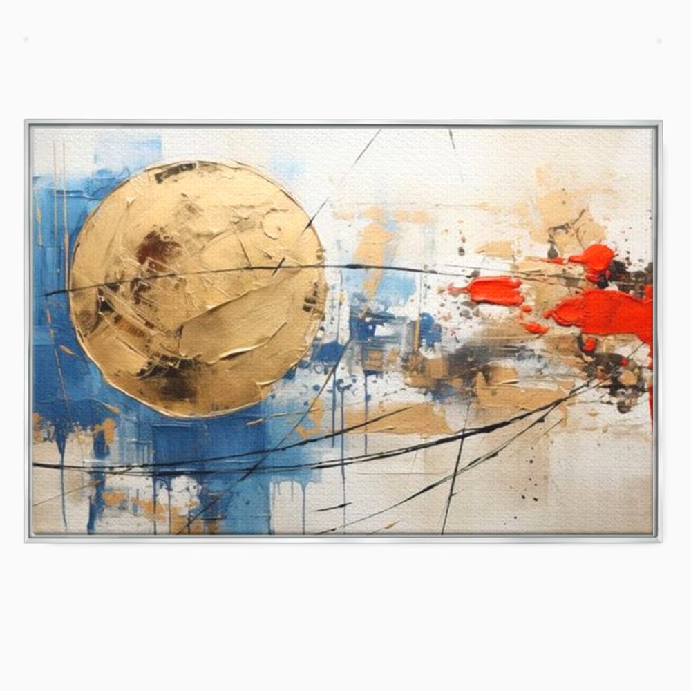 Tablou canvas cu pictura abstracta cu cerc auriu si pete rosii, in rama de aluminiu argintiu
