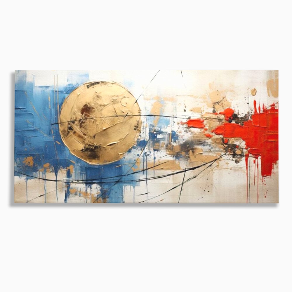 Tablou canvas cu pictura abstracta cu cerc auriu si pete rosii, fara rama, pe sasiu de lemn