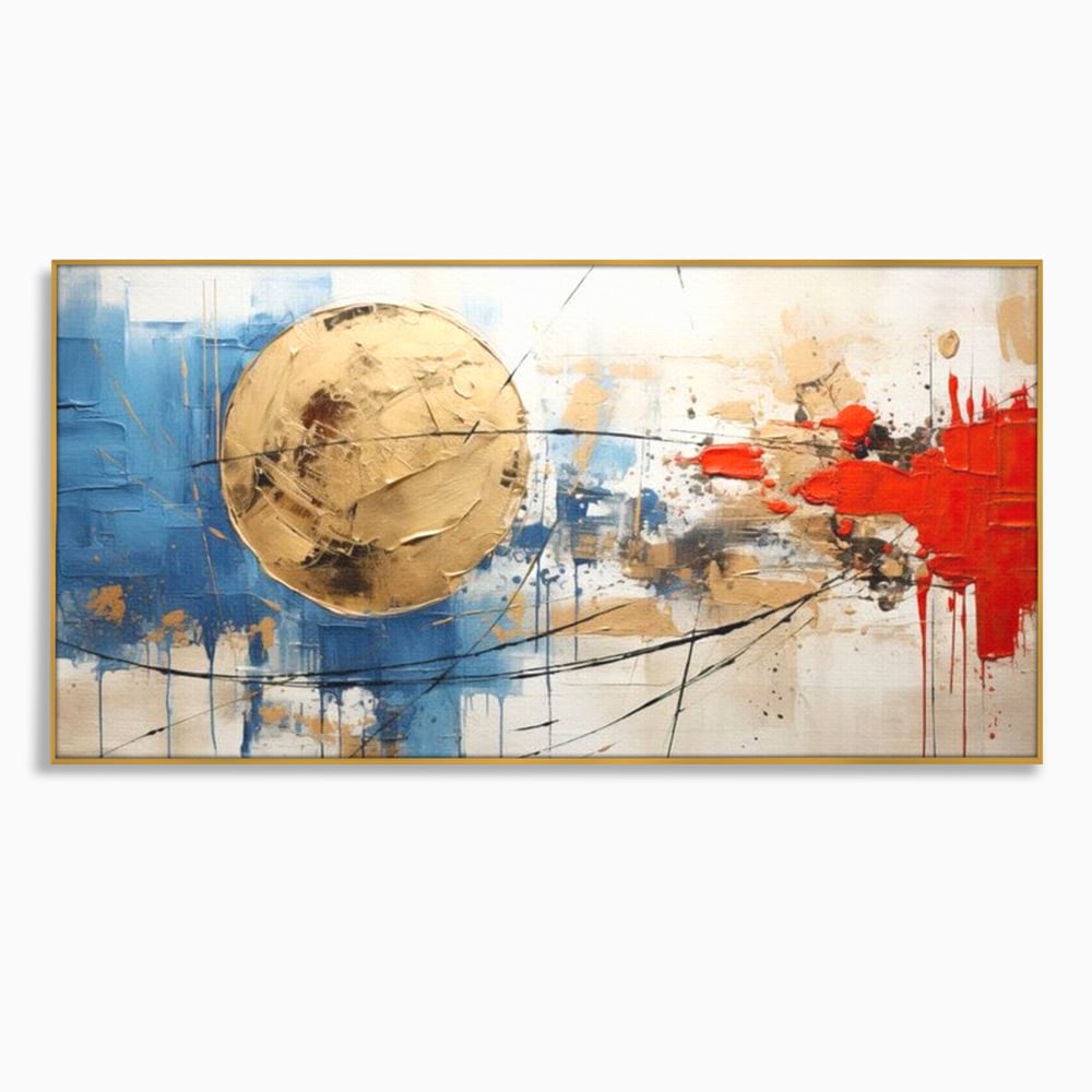 Tablou canvas cu pictura abstracta cu cerc auriu si pete rosii, in rama de aluminiu auriu