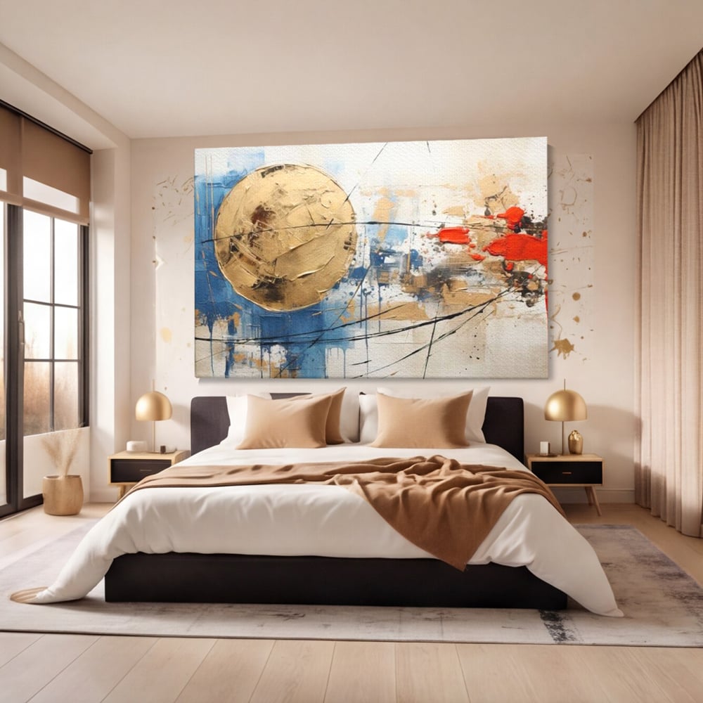 Tablou canvas cu pictura abstracta cu cerc auriu si pete rosii, fara rama, pe sasiu de lemn, pe perete intr-un dormitor