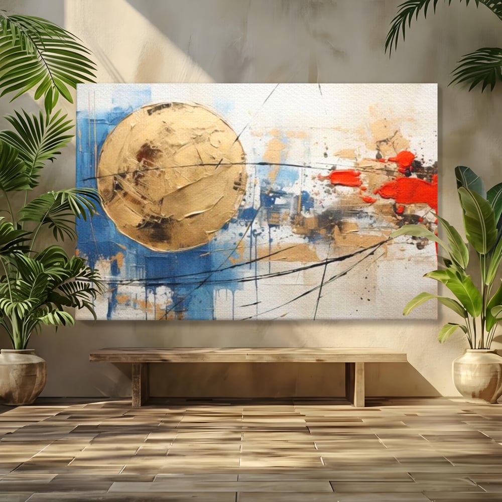 Tablou canvas cu pictura abstracta cu cerc auriu si pete rosii, fara rama, pe sasiu de lemn