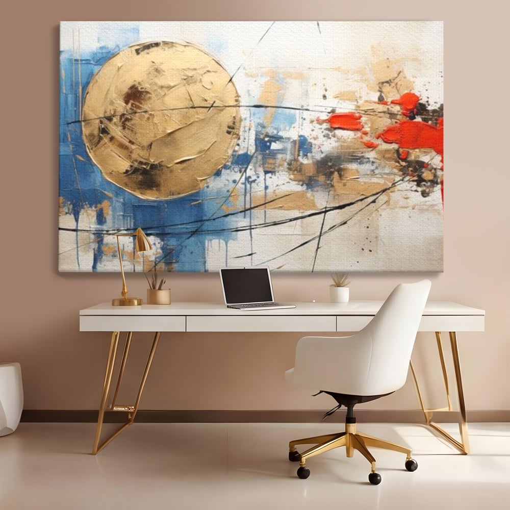 Tablou canvas cu pictura abstracta cu cerc auriu si pete rosii, fara rama, pe sasiu de lemn, pe perete intr-un birou