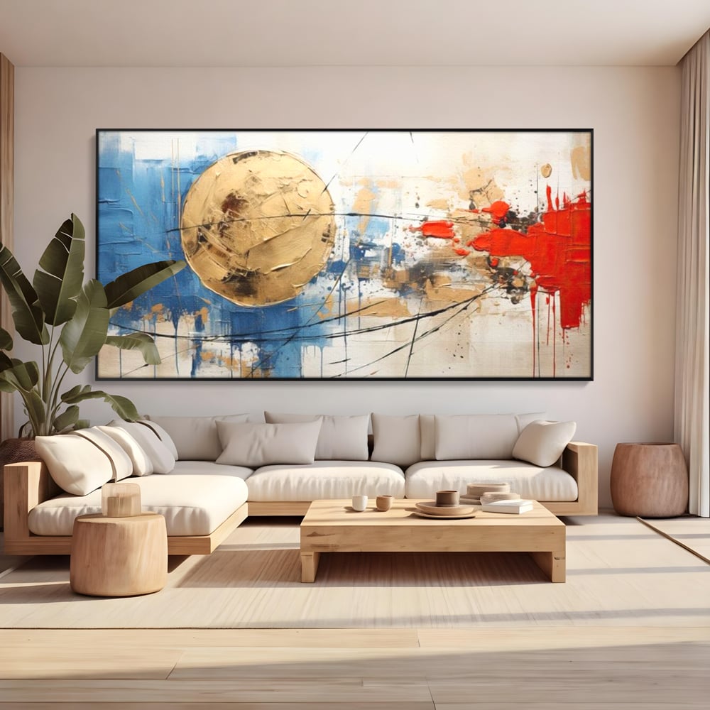 Tablou canvas cu pictura abstracta cu cerc auriu si pete rosii, in rama de aluminiu negru, pe perete intr-un living