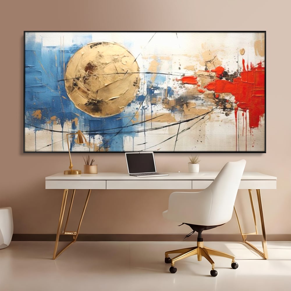 Tablou canvas cu pictura abstracta cu cerc auriu si pete rosii, in rama de aluminiu negru, pe perete intr-un birou