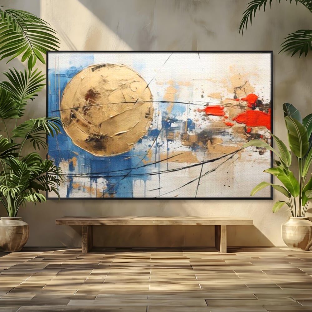 Tablou canvas cu pictura abstracta cu cerc auriu si pete rosii, in rama de aluminiu negru