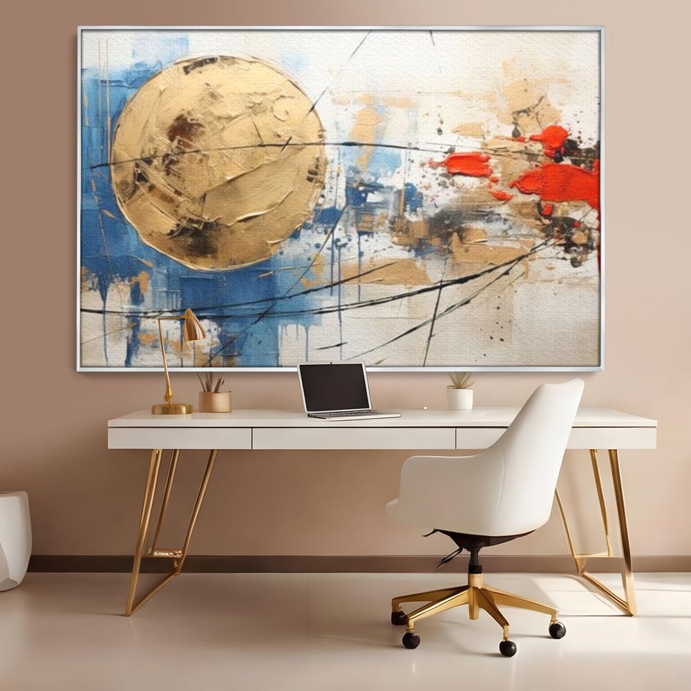 Tablou canvas cu pictura abstracta cu cerc auriu si pete rosii, in rama de aluminiu argintiu, pe perete intr-un birou