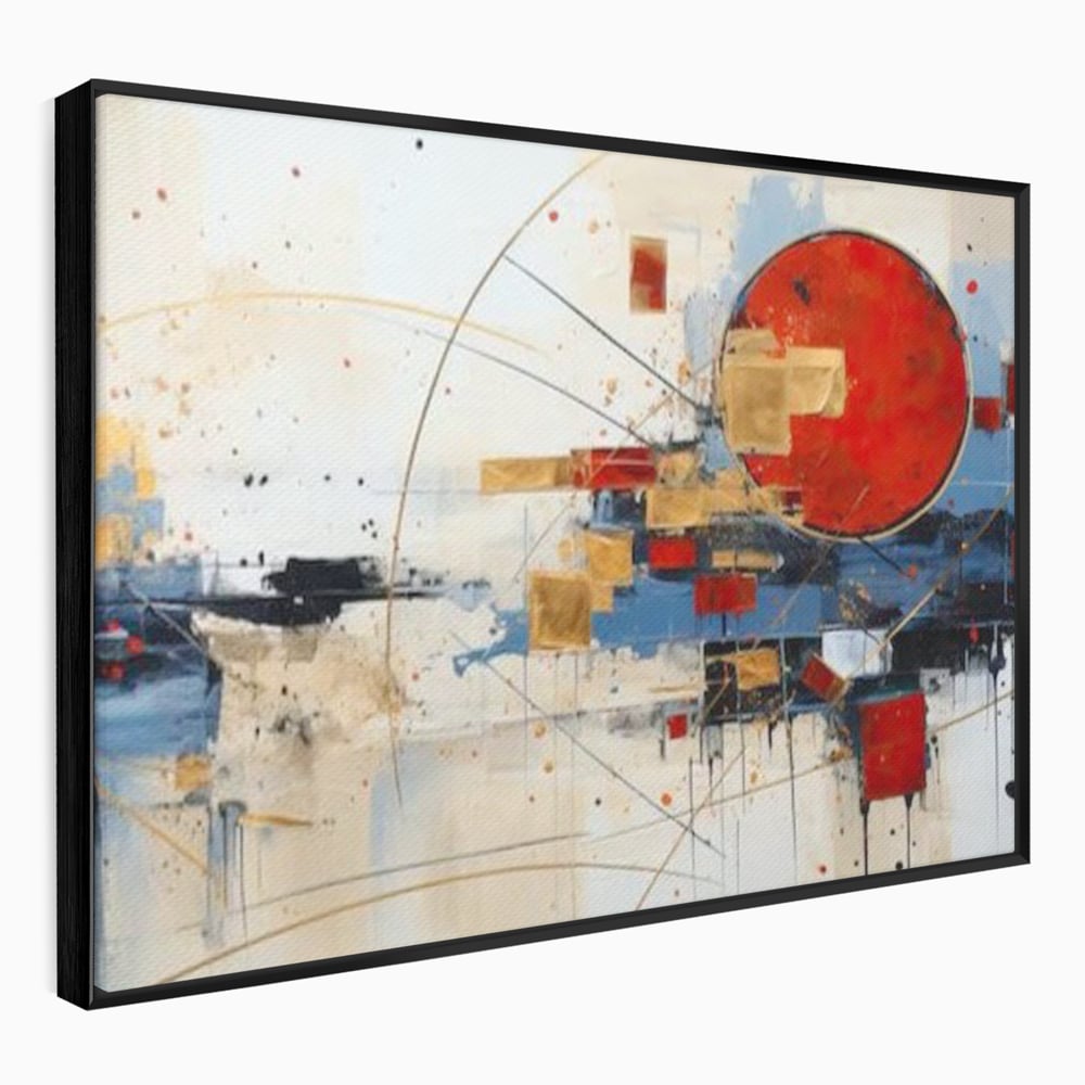 Tablou canvas cu tablou abstract cu cerc rosu si linii, in rama de aluminiu negru