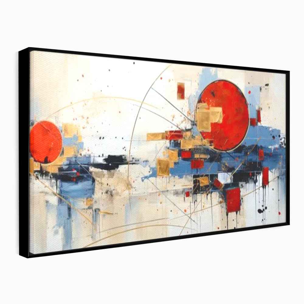 Tablou canvas cu tablou abstract cu cerc rosu si linii, in rama de aluminiu negru