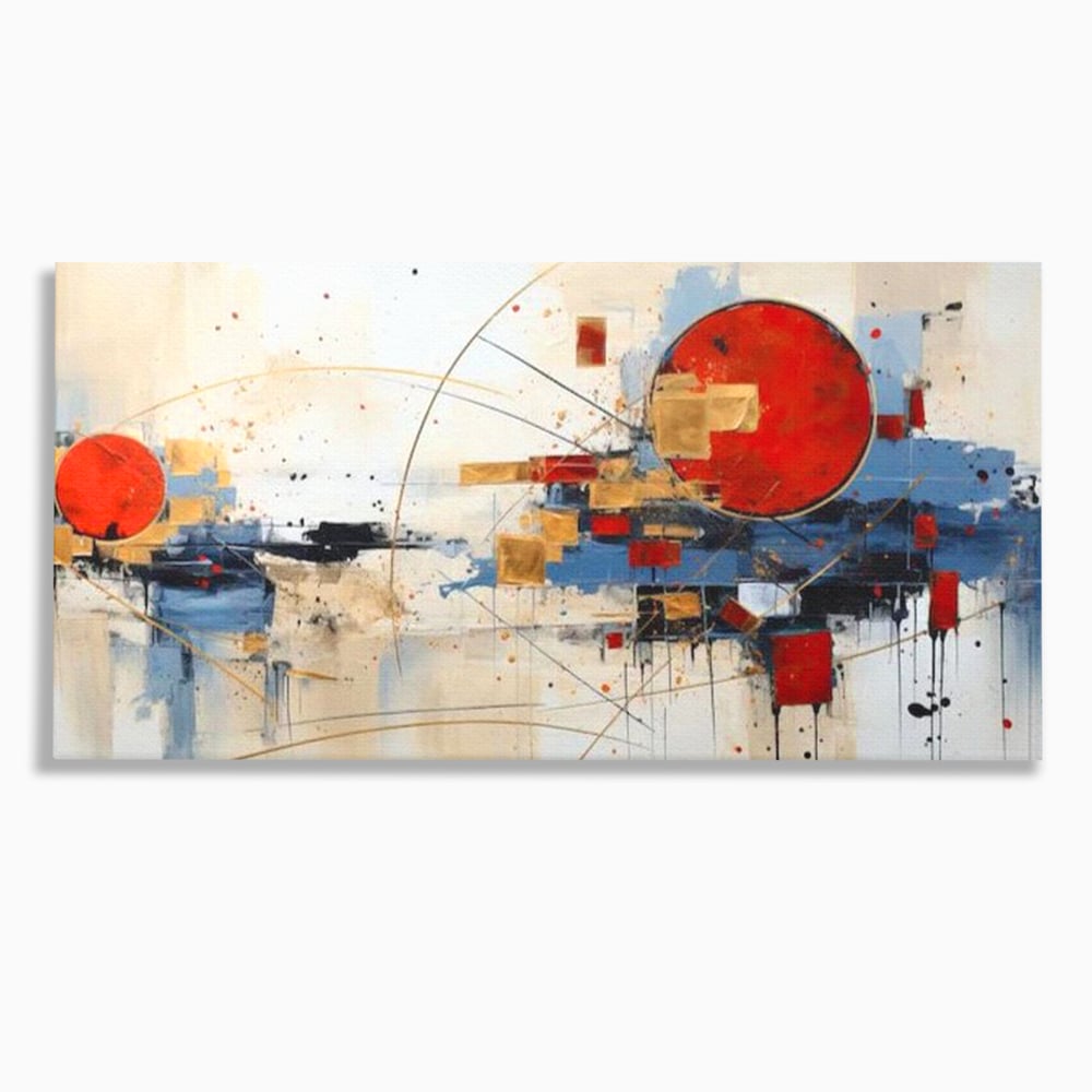 Tablou canvas cu tablou abstract cu cerc rosu si linii, fara rama, pe sasiu de lemn