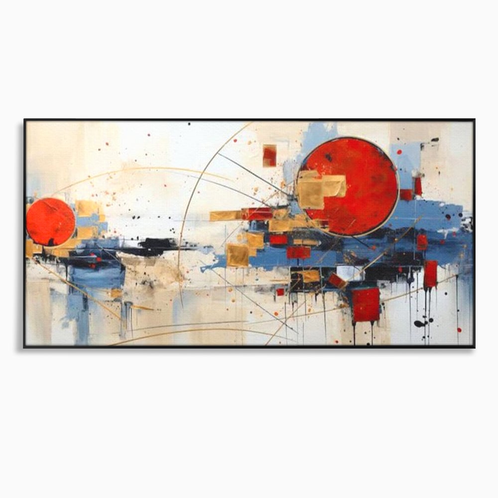 Tablou canvas cu tablou abstract cu cerc rosu si linii, in rama de aluminiu negru