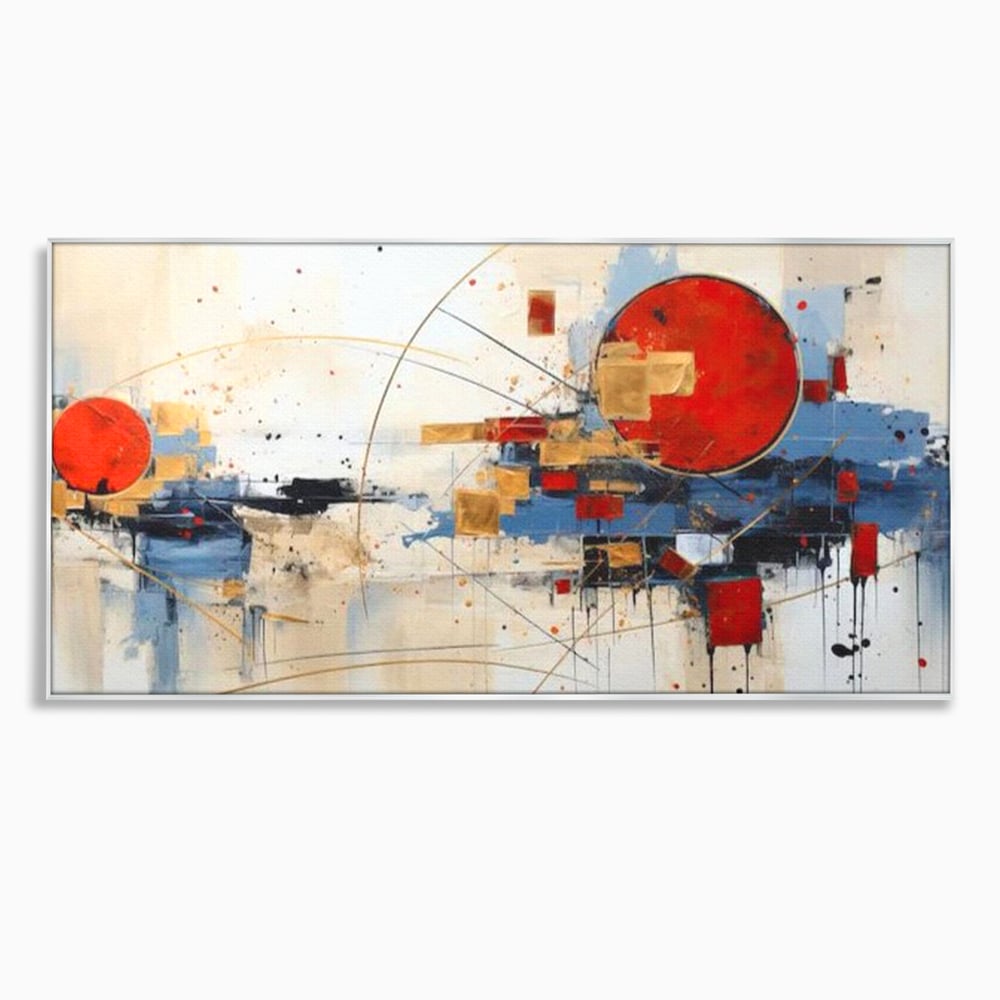 Tablou canvas cu tablou abstract cu cerc rosu si linii, in rama de aluminiu argintiu
